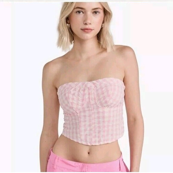 Free People Leilani Gingham Tube Top Corset NWT Pink White Smocked Back Size L - Picture 3 of 10